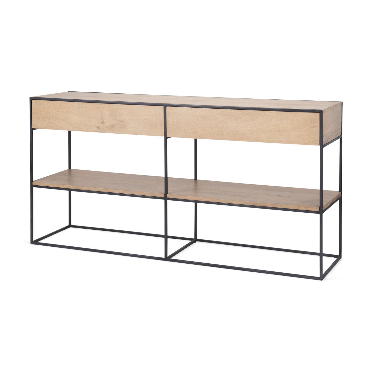 63.0L x 15.0W x 31.0H Beige Wood w/ Black Metal Frame 2 Drawer Console Table