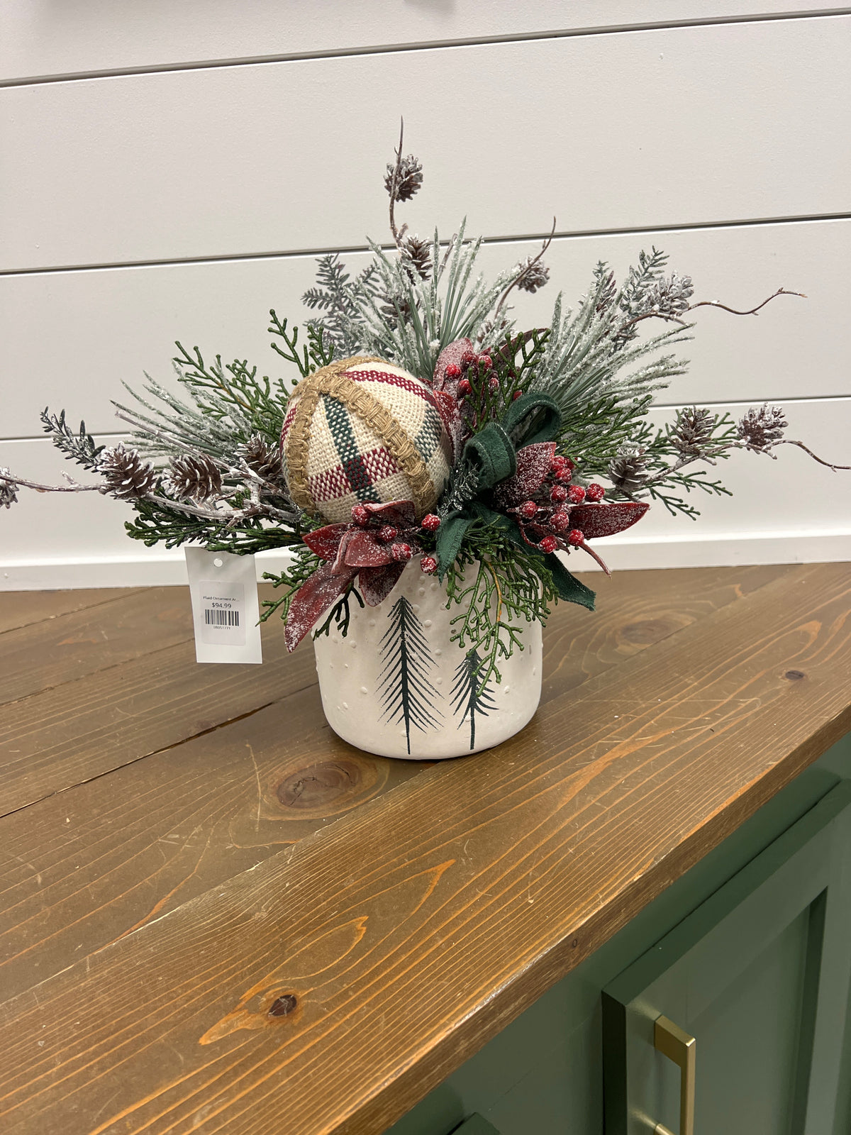 Plaid Ornament Arrangement in Tree Container