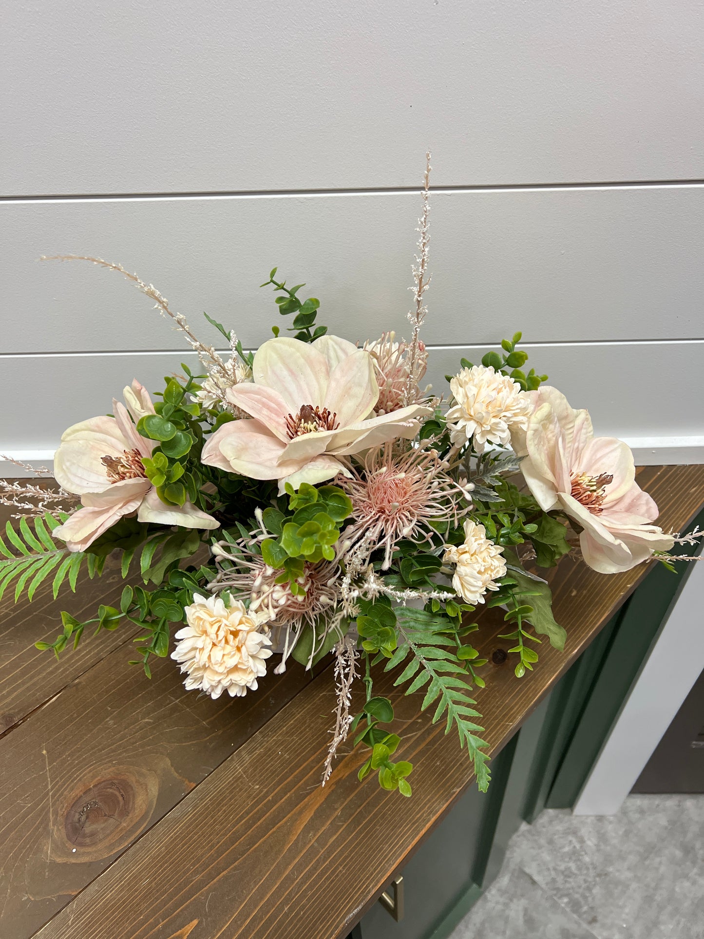 Pink Floral with greenery in White Container