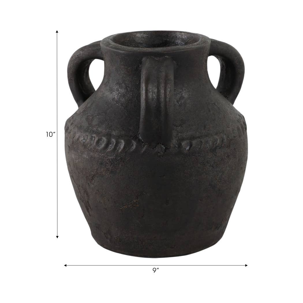 Ceramic Rustic Textured Triple Handle Vase - Black, 10 in.