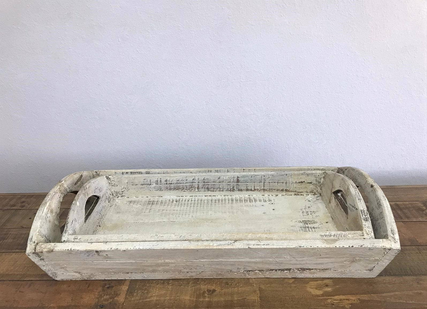 Wood Tray, 2PC Set, White, Handmade - 3.12