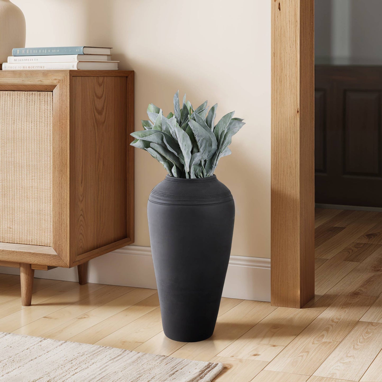 Ceramic Cylinder Ribbed Floor Vase Decor - Black, 16 in.