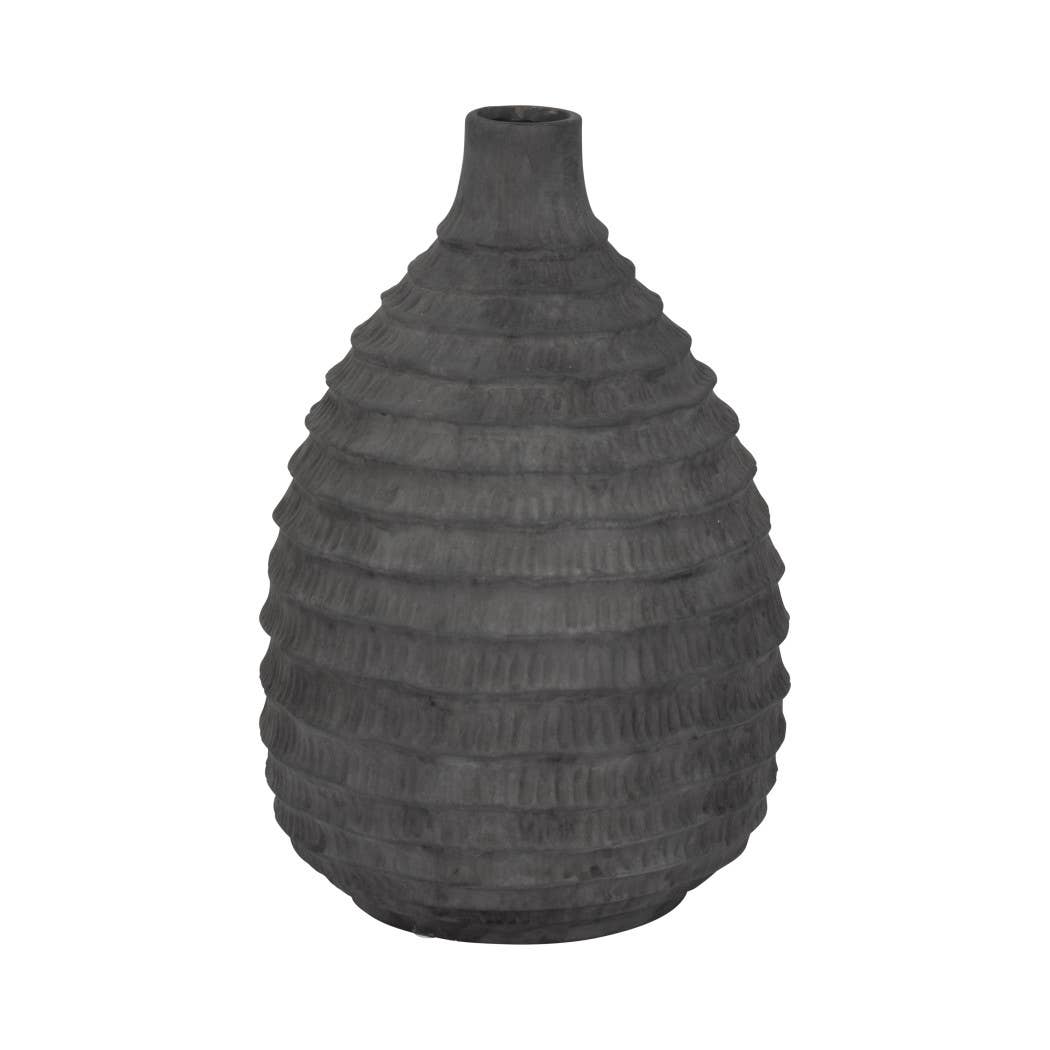 Black 15 in. Ceramic Bud Faded Ribbed Bulbous Vase