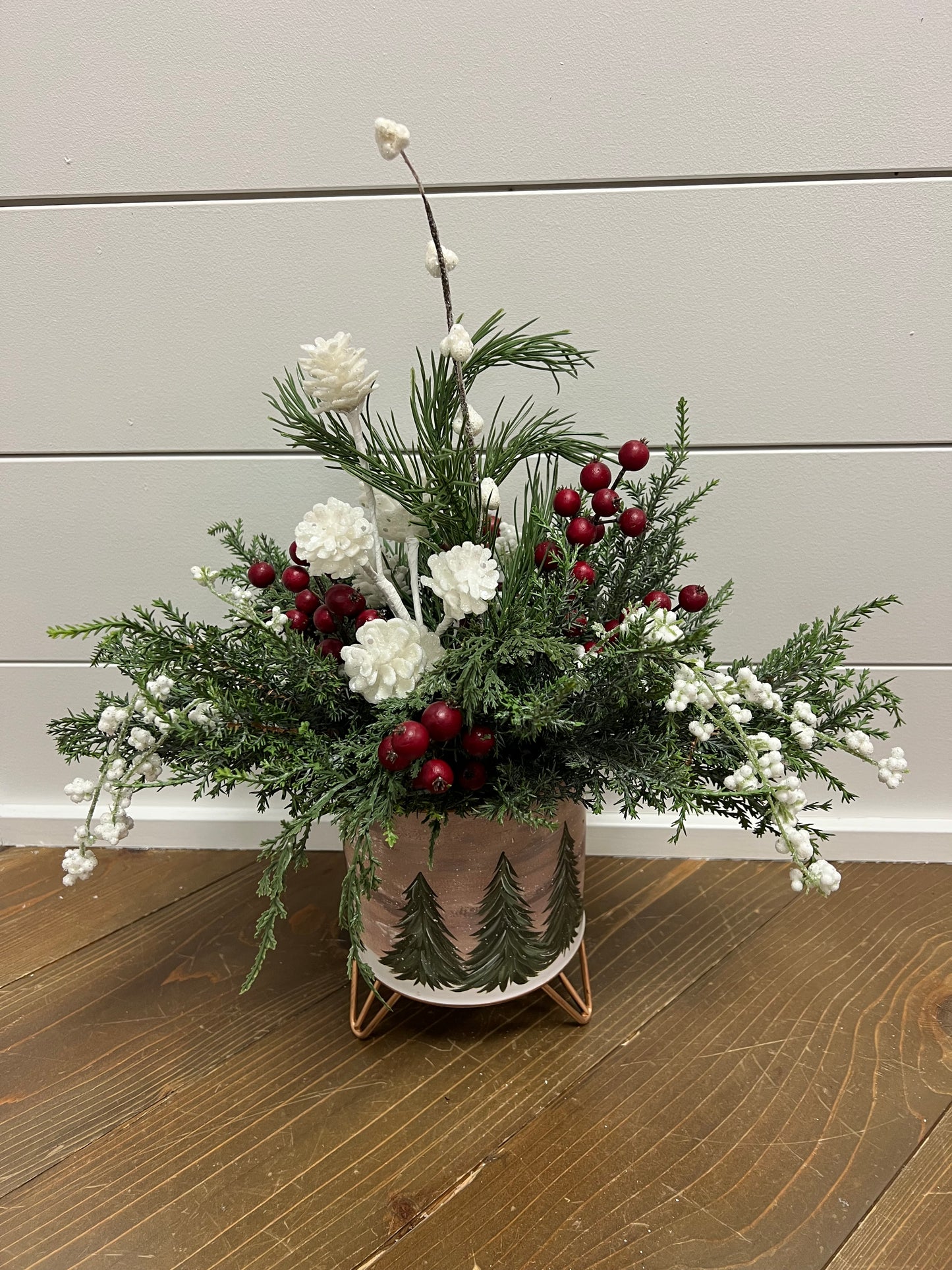 Red, White Berry in Evergreen Container