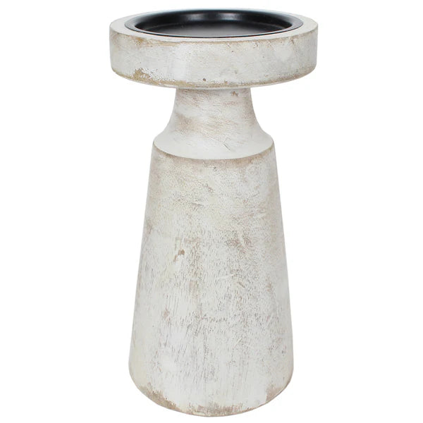 8"H White Wash Candle Holder Wood Pillar