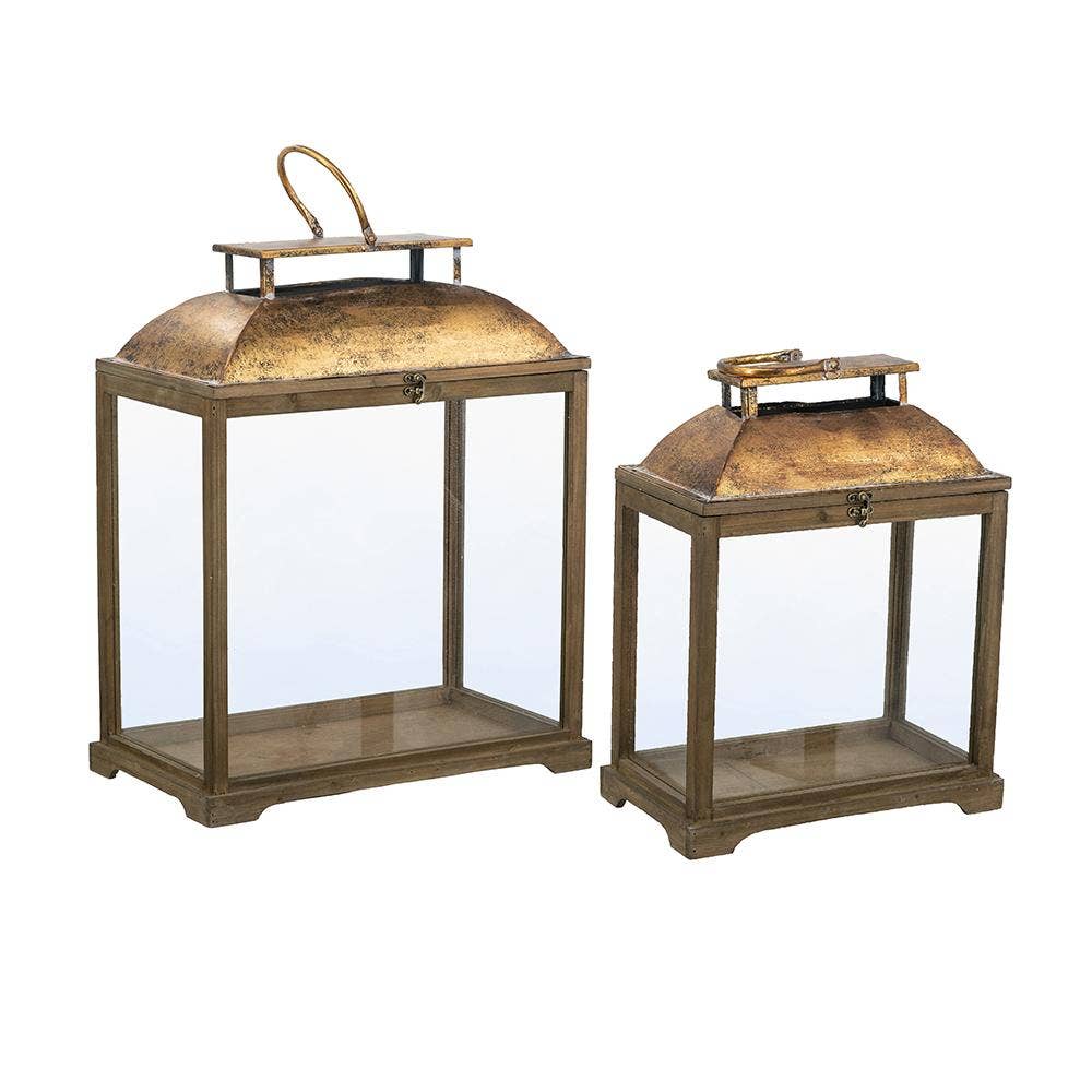 Brown Wooden Lantern with Clear Glass Panels