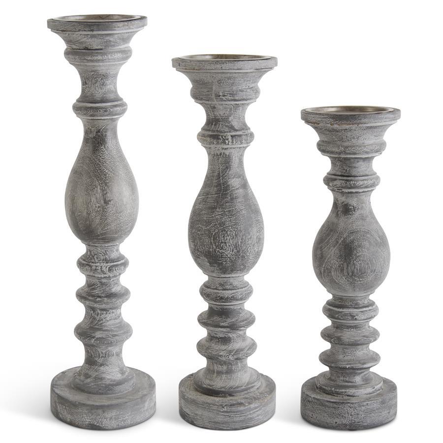 Set of 3 Gray Ribbed Wood Candleholder