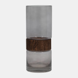 Glass, 12" Cylinder Vase w/wood band, Clear