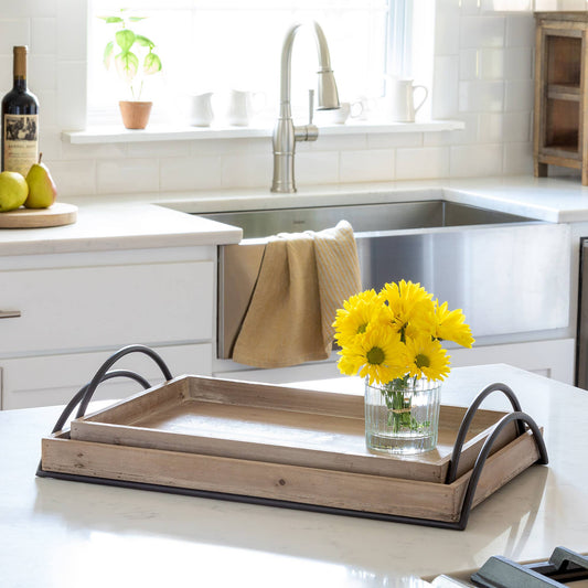 Park Hill Collection Wood Trays with Iron Handle, Set of 2