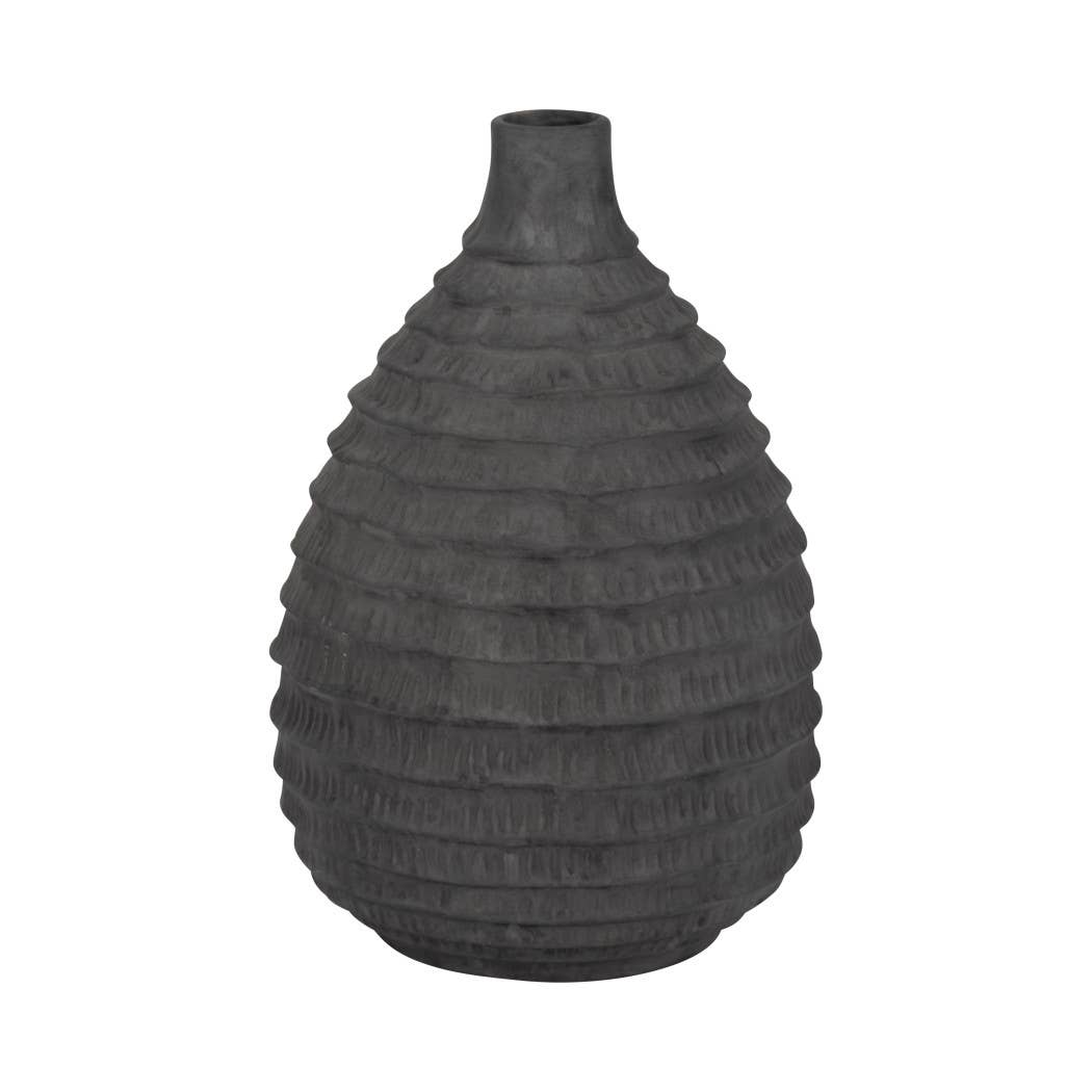 Black 15 in. Ceramic Bud Faded Ribbed Bulbous Vase