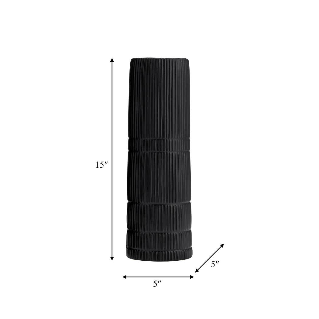 Ceramic Lined Textured Design Cylinder Vase - Black, 15 in.