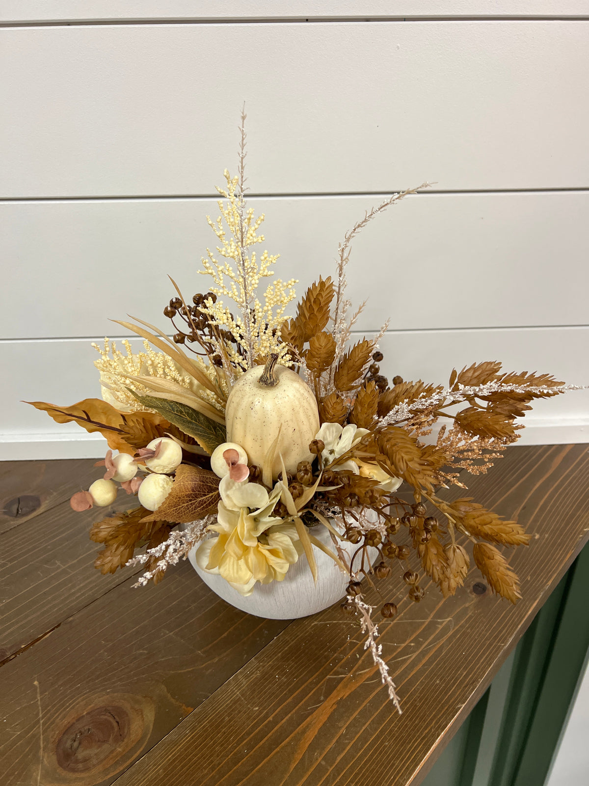 Pumpkin with Hops and Hydrangea Arrangement