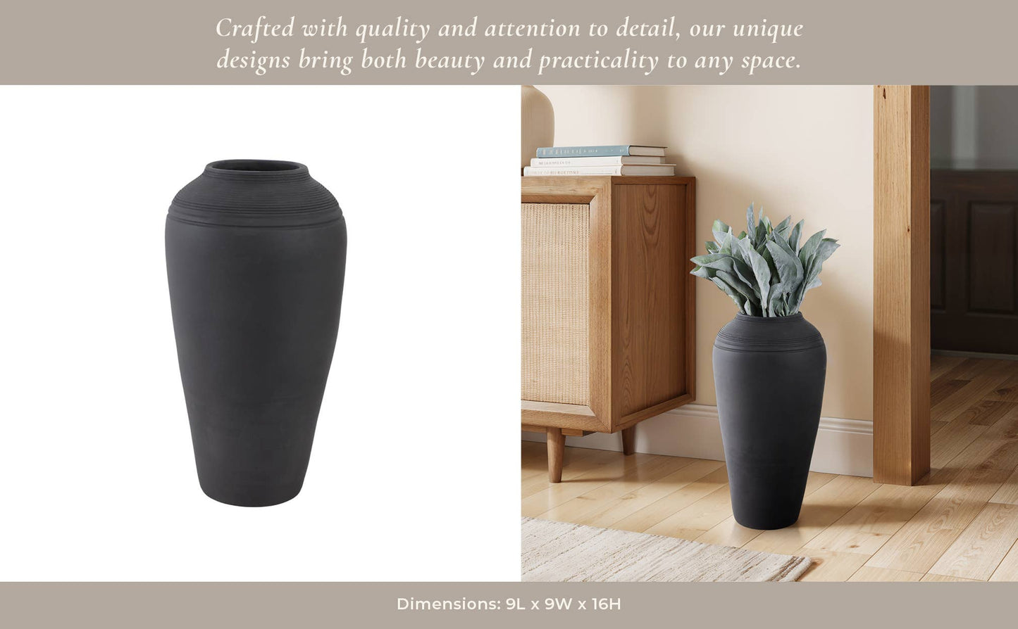 Ceramic Cylinder Ribbed Floor Vase Decor - Black, 16 in.