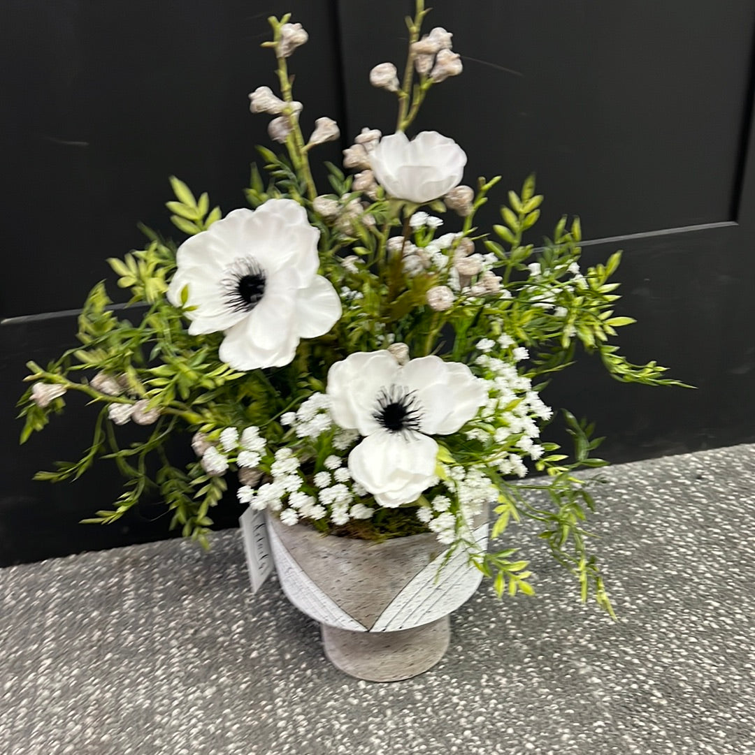 White Floral with Green Wisteria in Cement Container