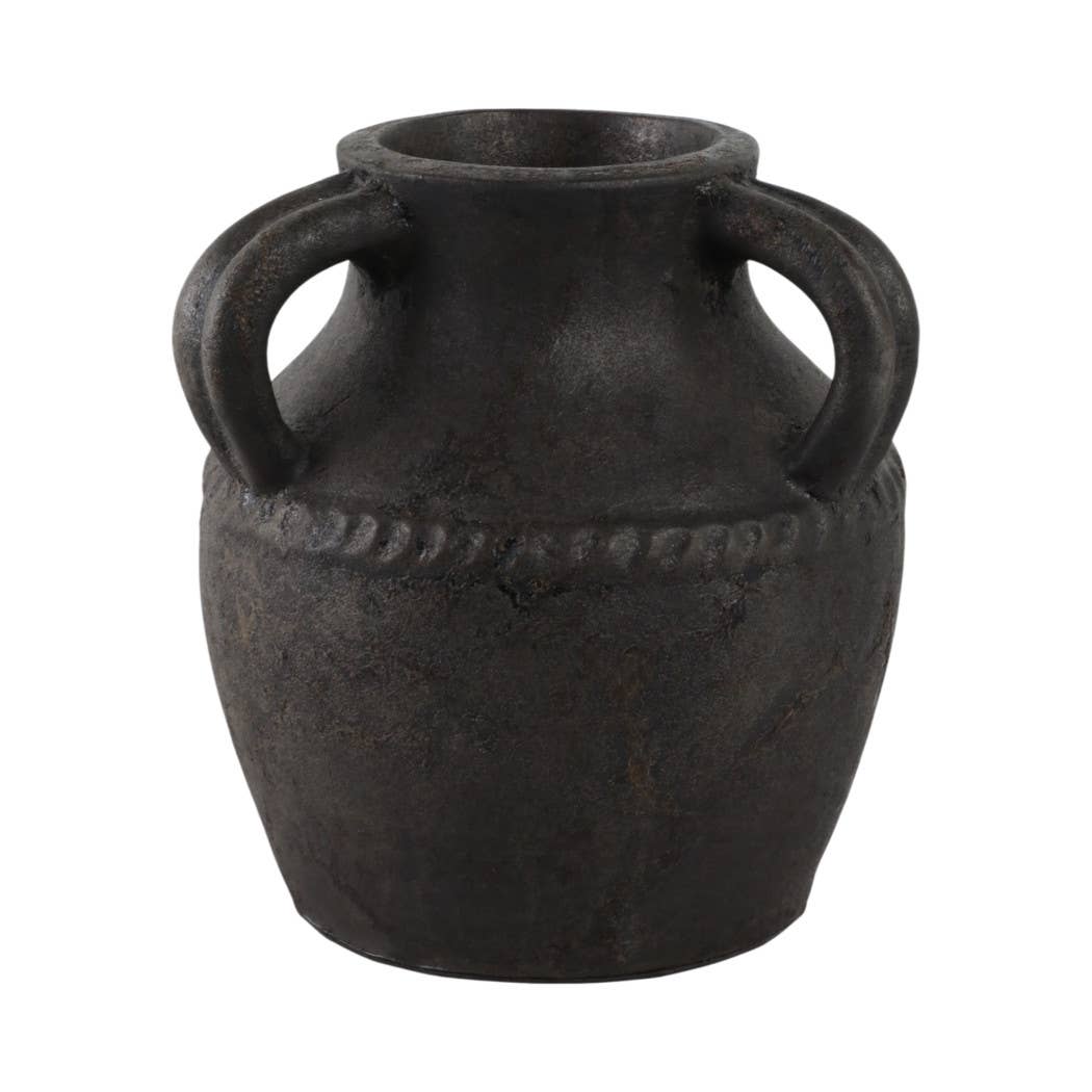 Ceramic Rustic Textured Triple Handle Vase - Black, 10 in.