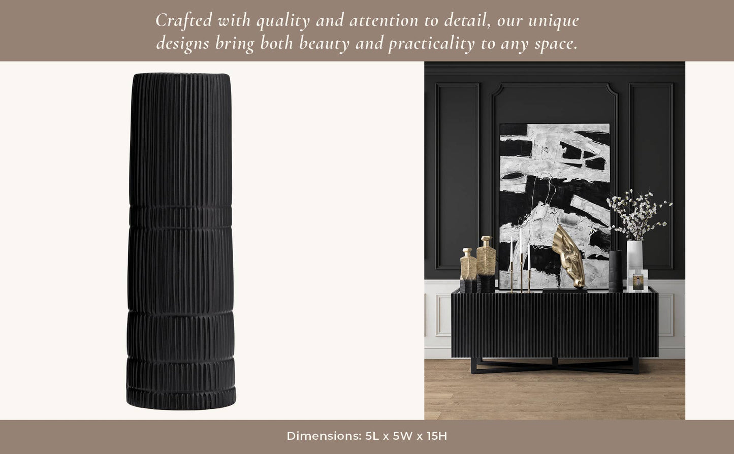 Ceramic Lined Textured Design Cylinder Vase - Black, 15 in.