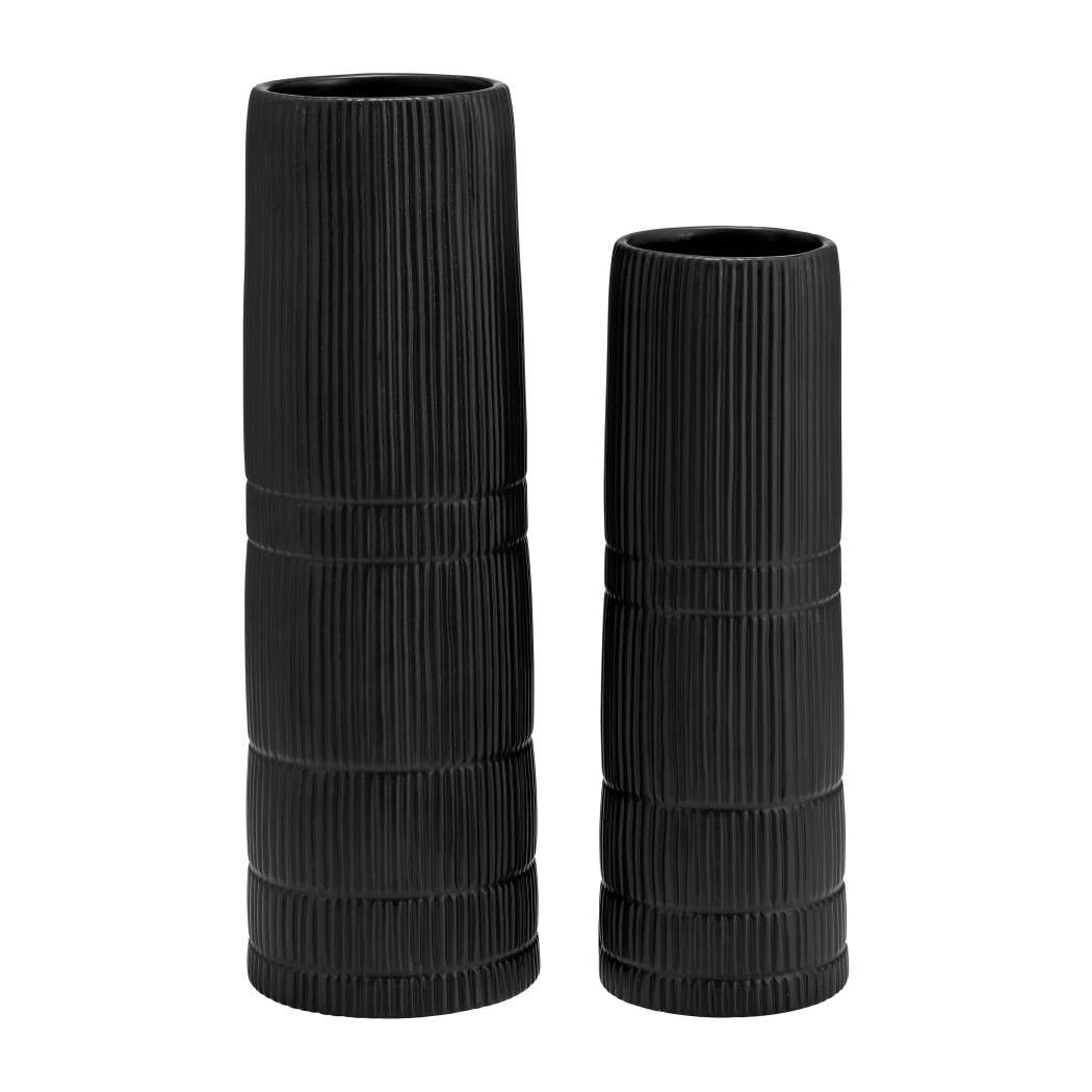 Ceramic Lined Textured Design Cylinder Vase - Black, 15 in.