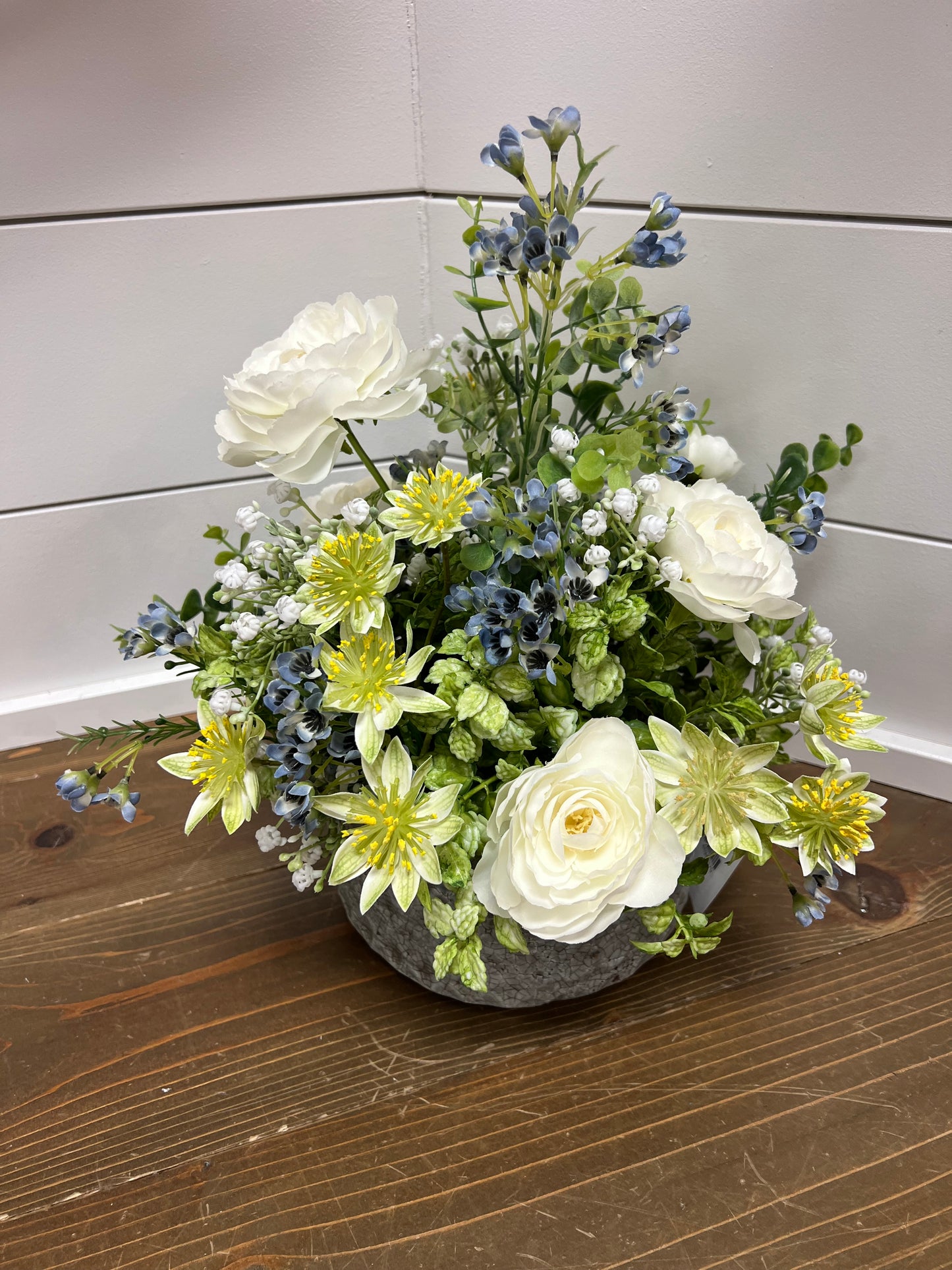White Ranunculus with Greenery and Blue Arrangement