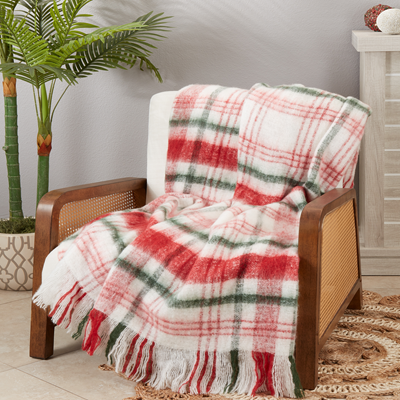 Red/Green Faux Mohair Plaid Throw