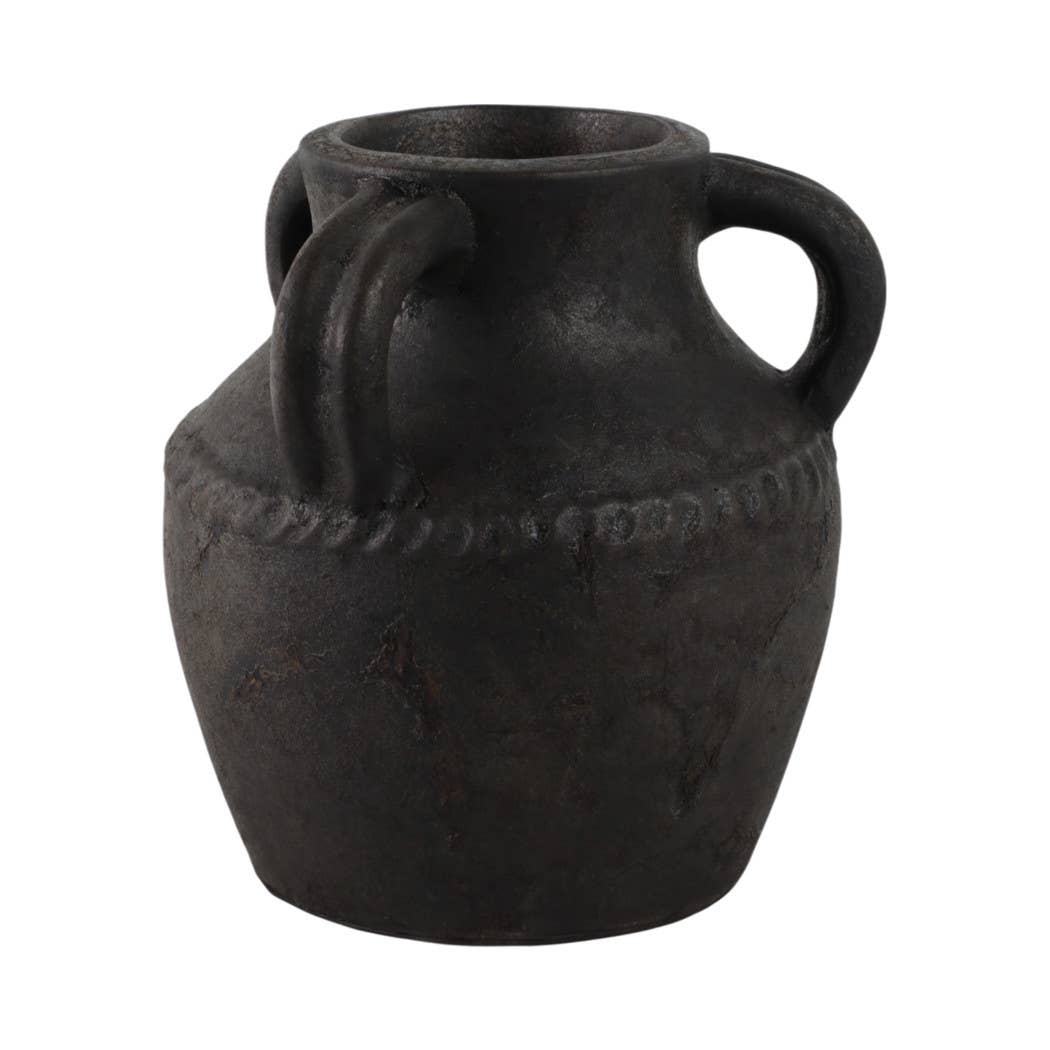 Ceramic Rustic Textured Triple Handle Vase - Black, 10 in.