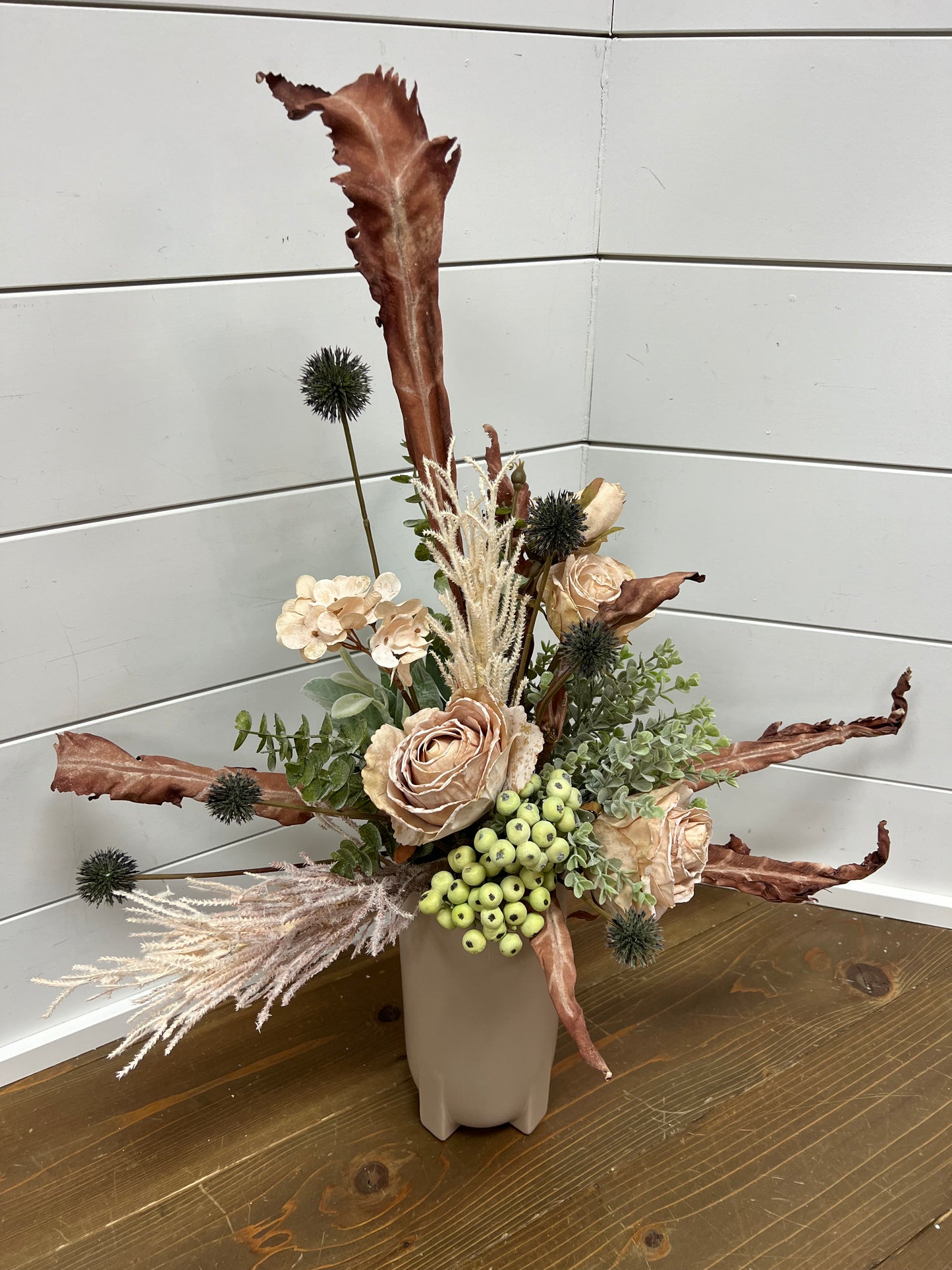 Tall floral Arrangement with Cream, Blush & Navy Tone