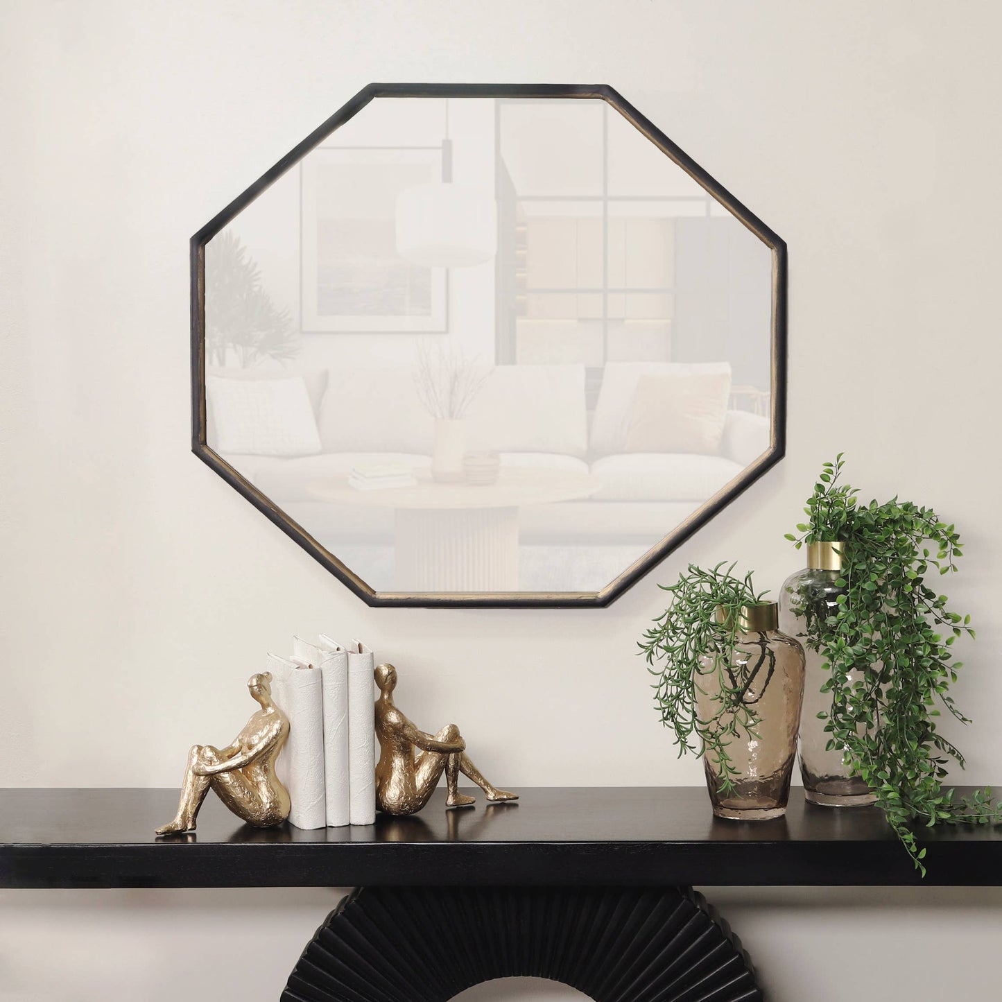 Metal Wood Modern Octagonal Wall Mirror - Black, 28 in.