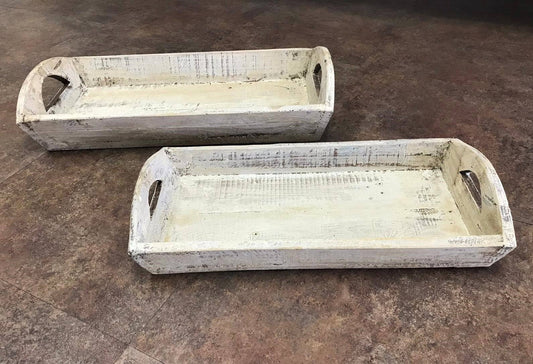 Wood Tray, 2PC Set, White, Handmade - 3.12