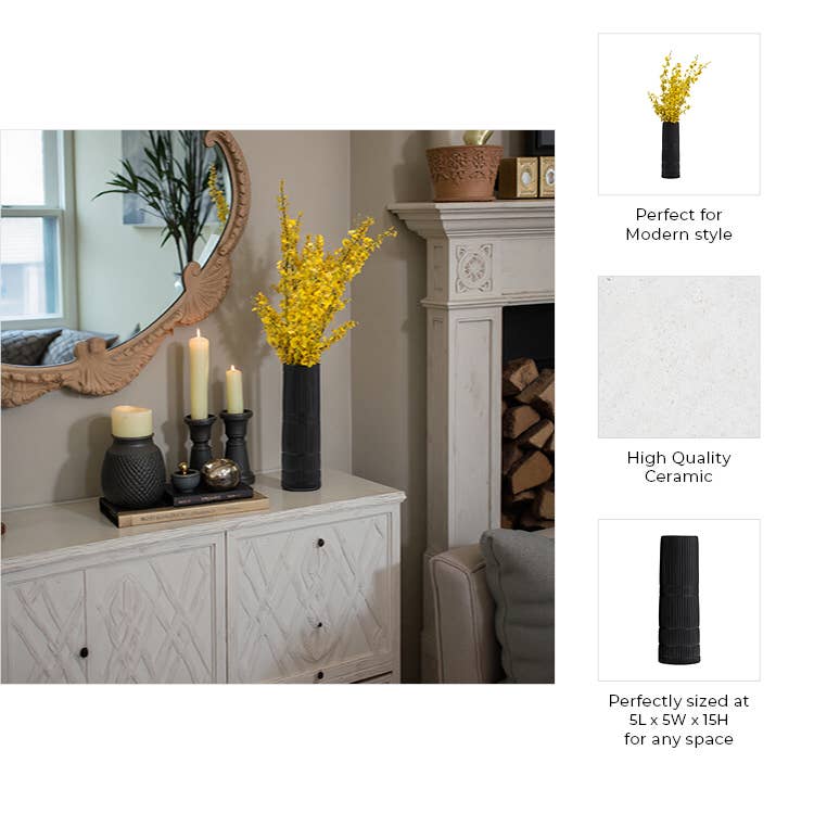 Ceramic Lined Textured Design Cylinder Vase - Black, 15 in.