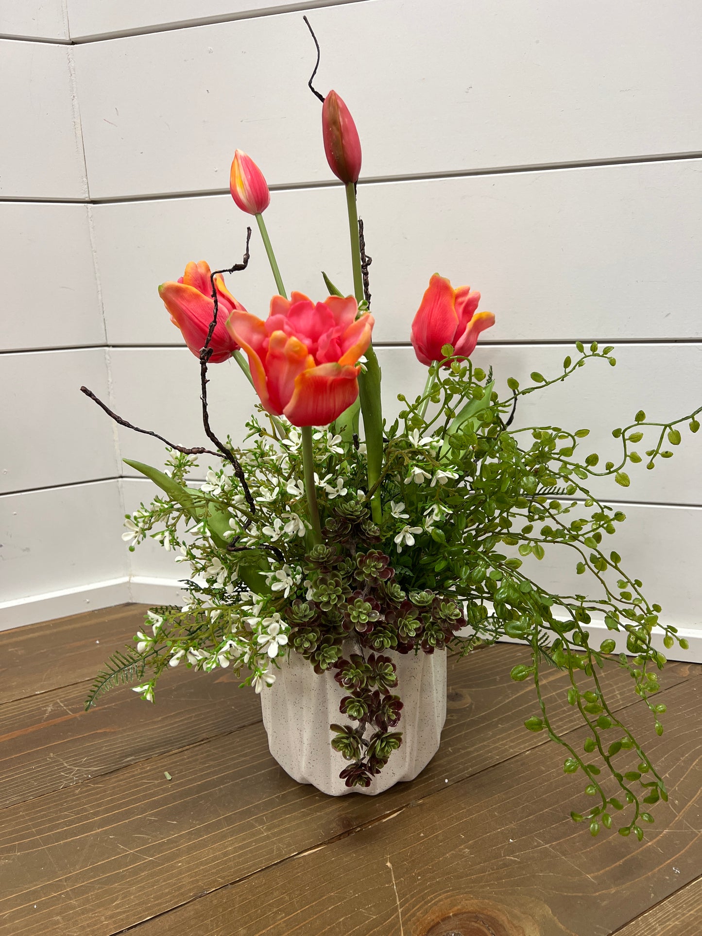 Fushia Tulips in White container with burgandy succulents