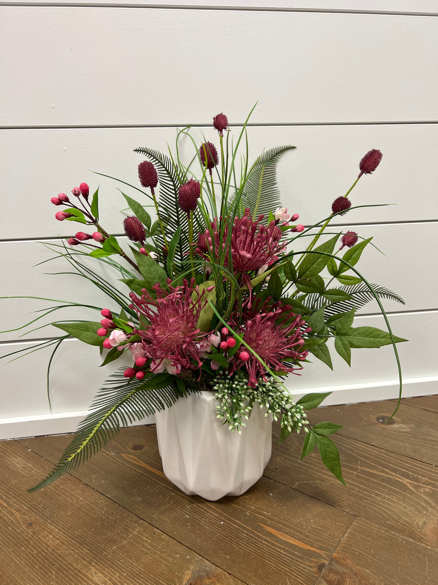 Pink Thistle with Greenery in White Container Arrangement