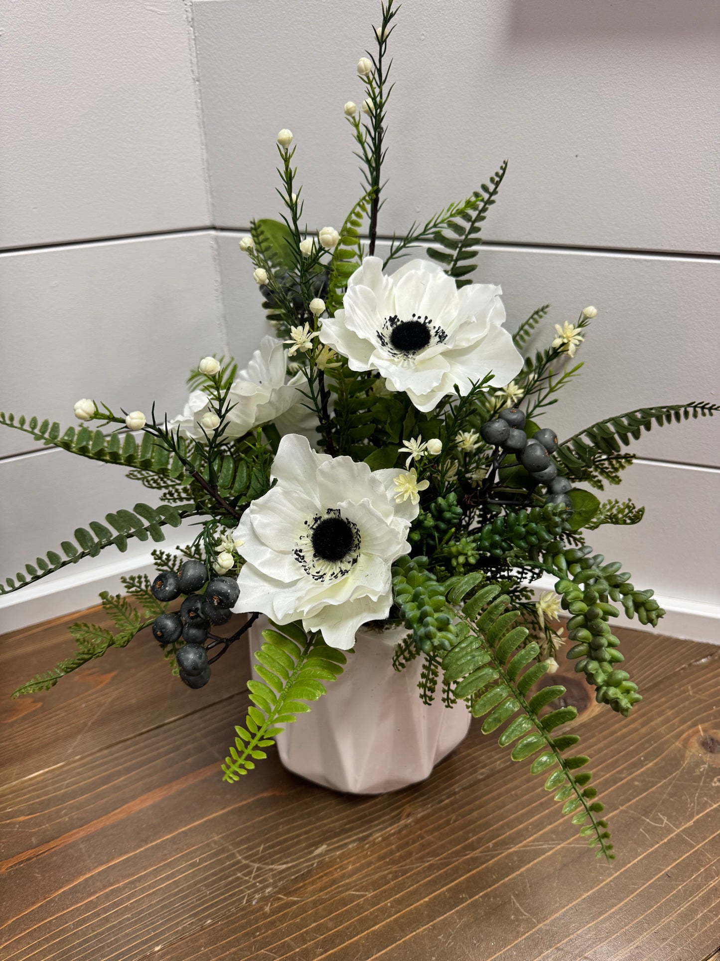 White anemone with Blue Berry Arrangement