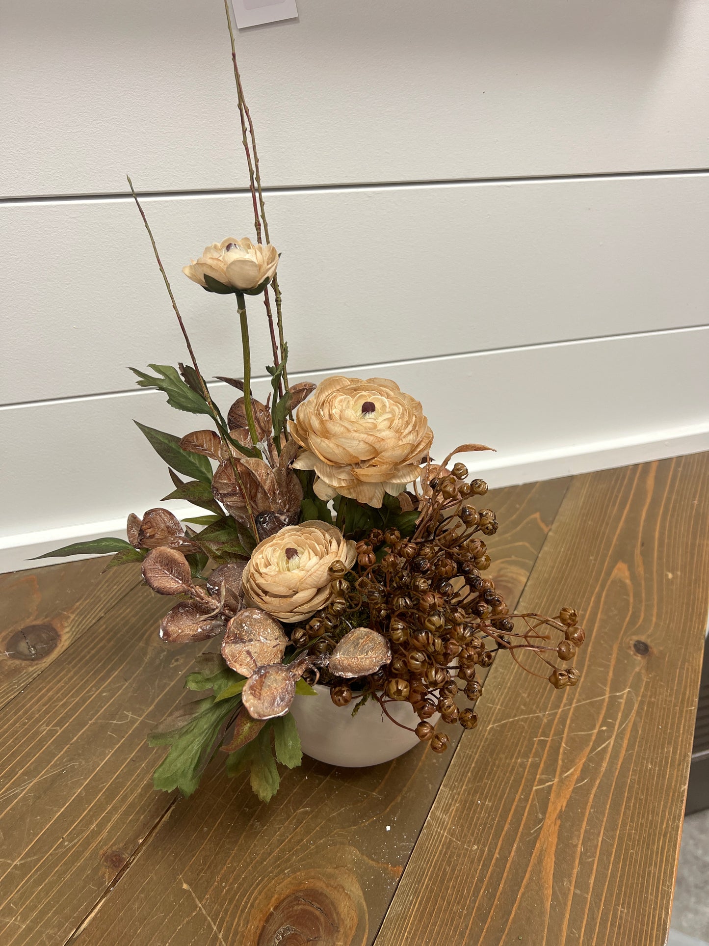 Tan Ranuculus with Brown Berry Arrangement