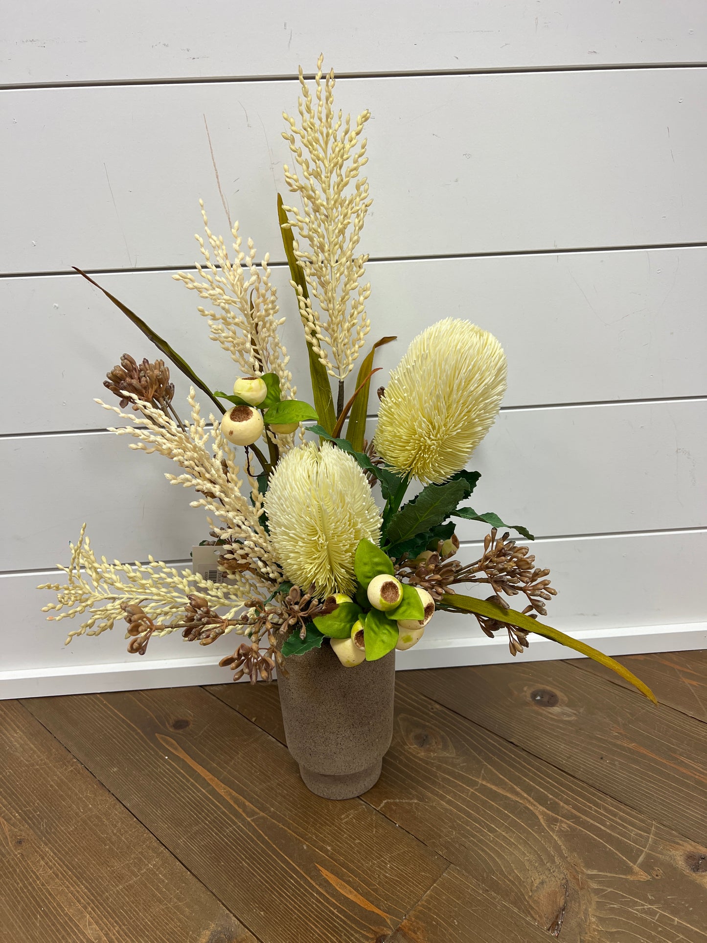 Yellow Protea with Berry in Brown Vase