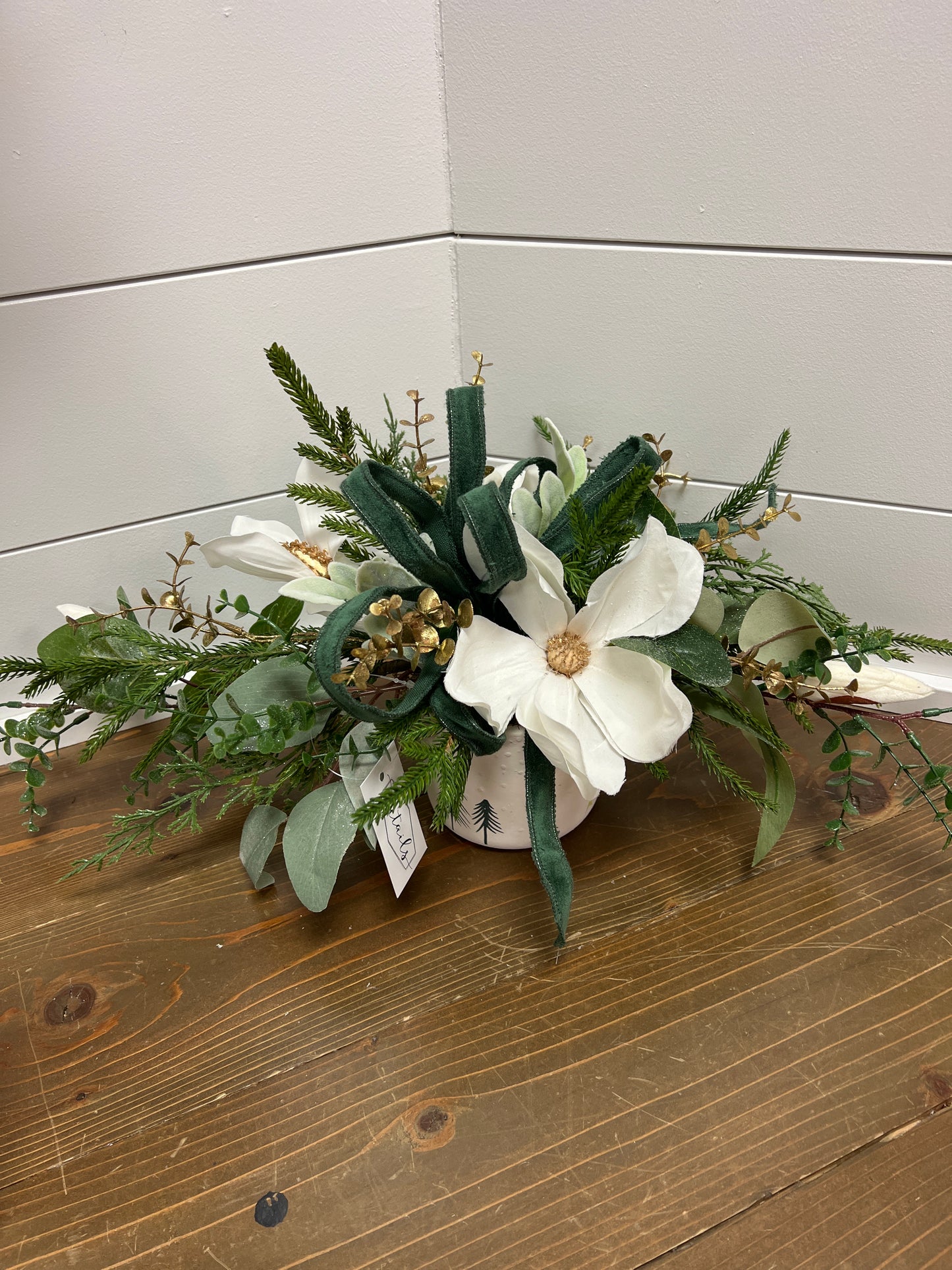 White Magnolia with Bow in Evergreen Container
