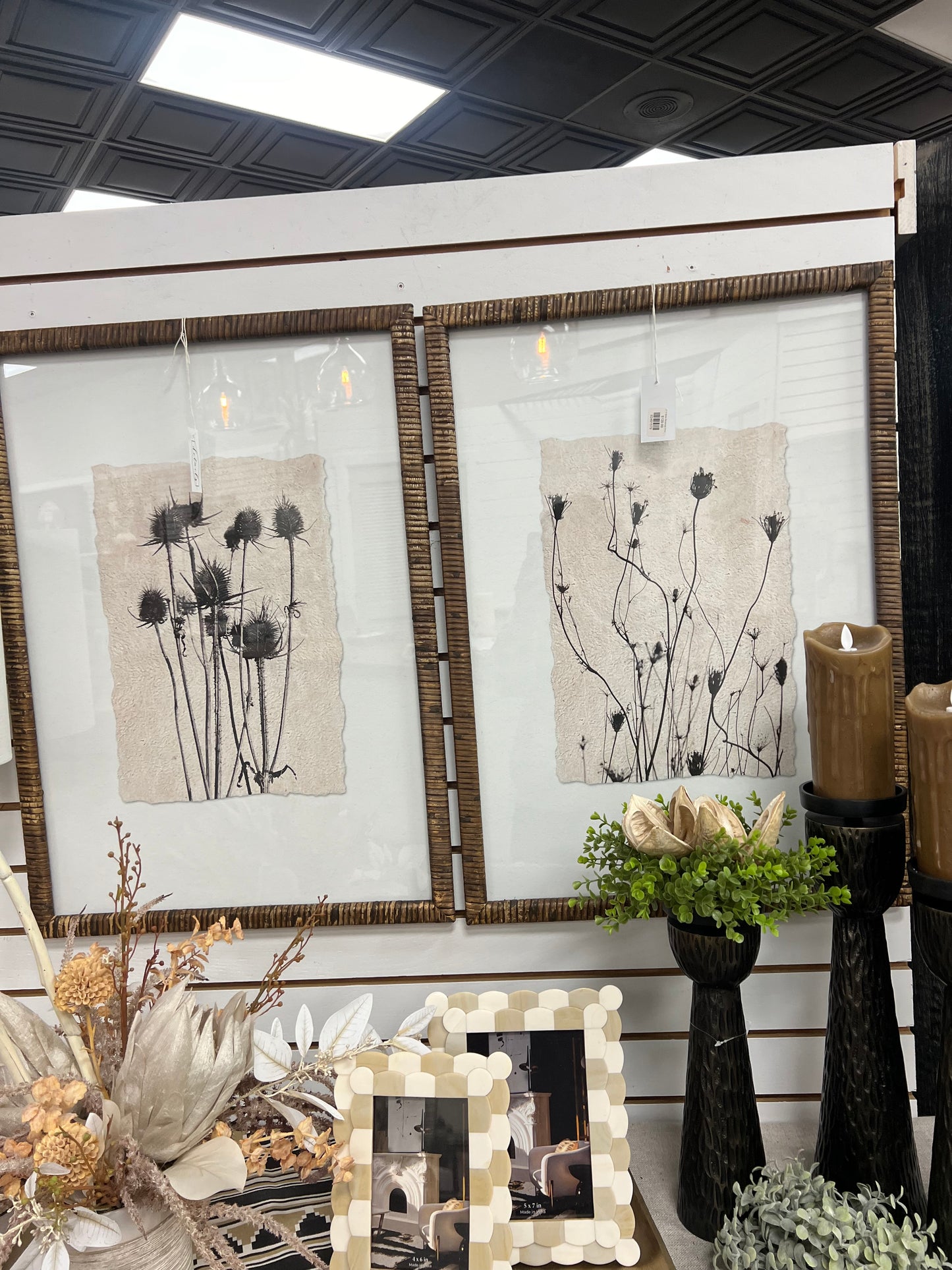 27.5 Black Botanical Prints with Rattan Wrapped Frame Asst
