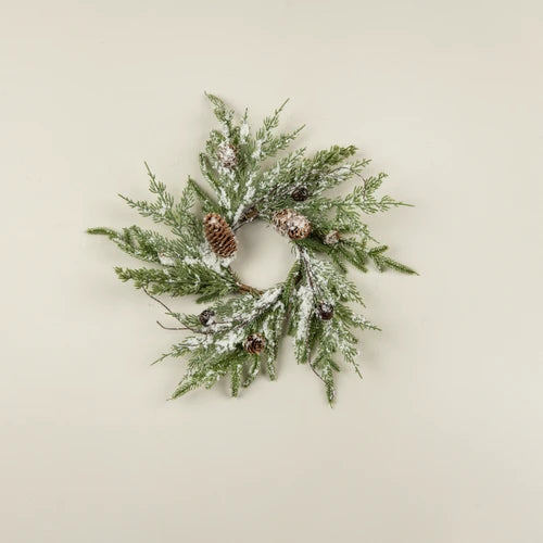 16" Snowy Pine, Bells & Pinecones Candle Ring