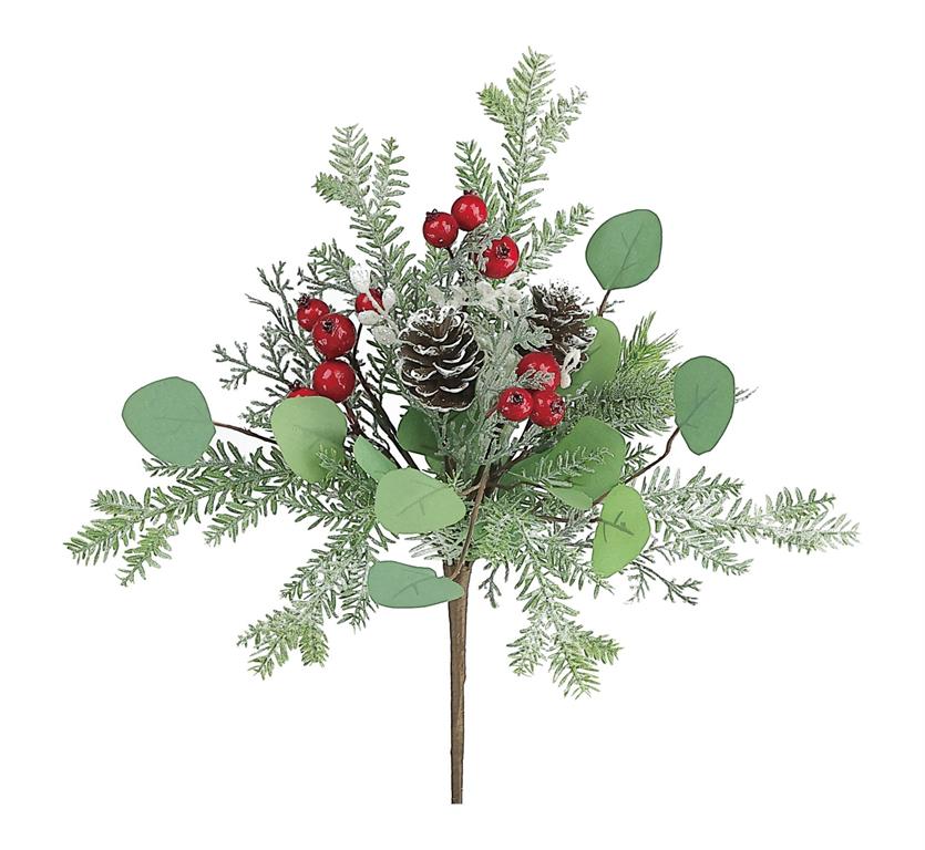 PINE BUNDLE WITH RED BERRY PICK, 18", RED