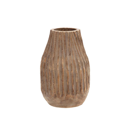 Wood Grooved Carved Texture Decorative Vase - White, 9 in.