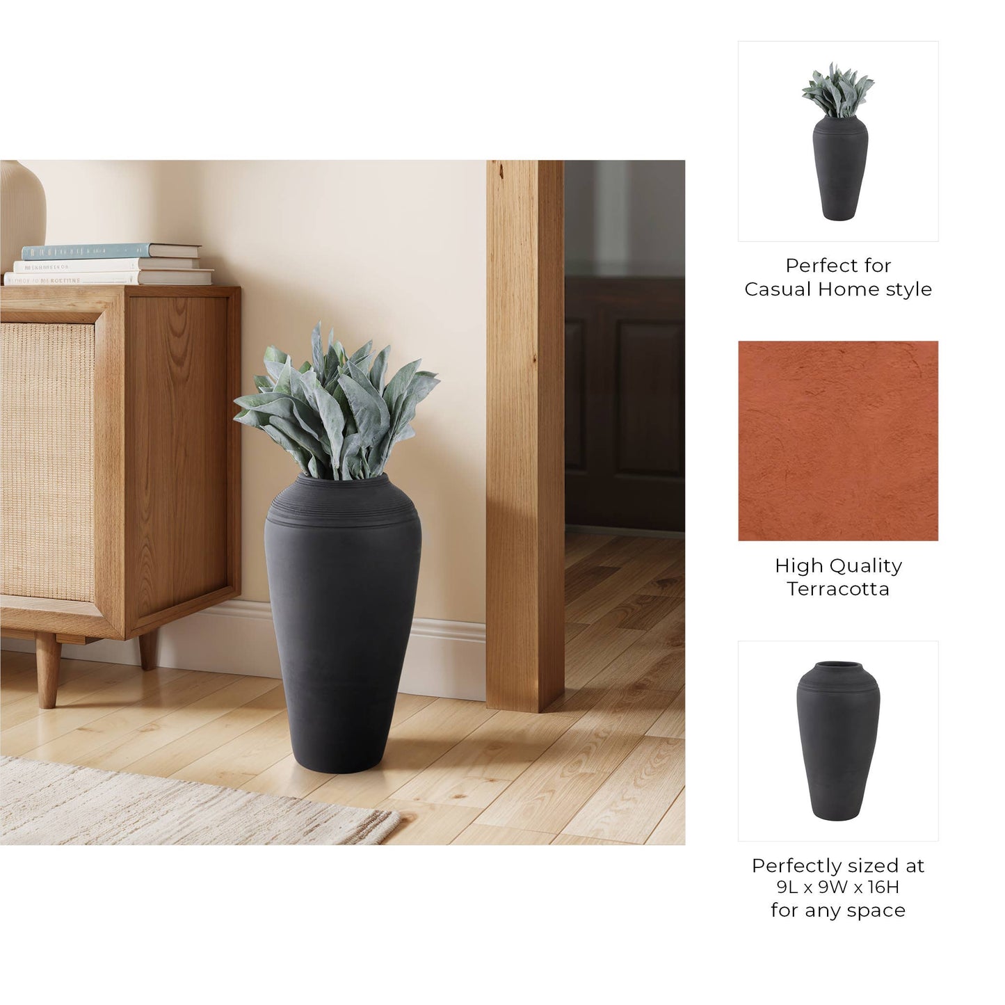 Ceramic Cylinder Ribbed Floor Vase Decor - Black, 16 in.
