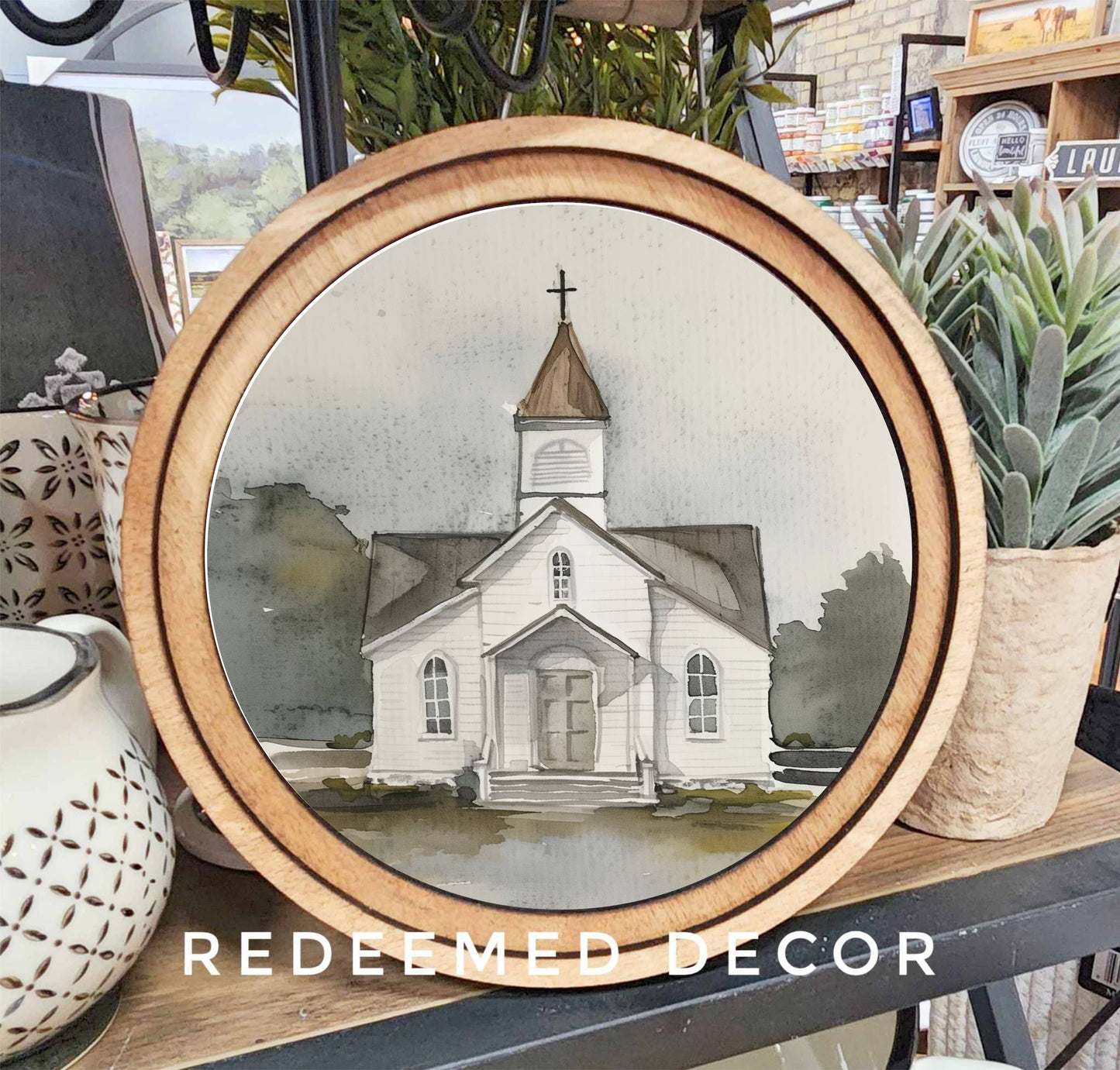8" Round Watercolor Church Art