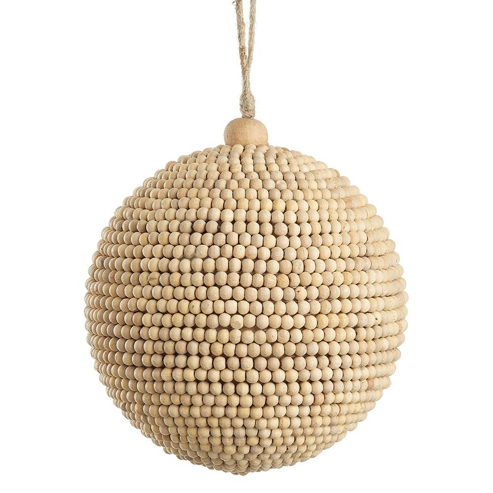 5" Wood Bead Ball Ornament Beige