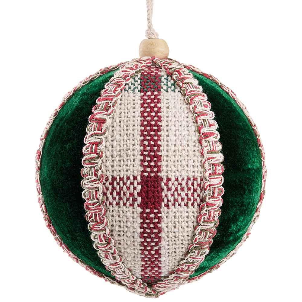 5" Cotton Plaid/Velvet Ball Ornament Green Mixed