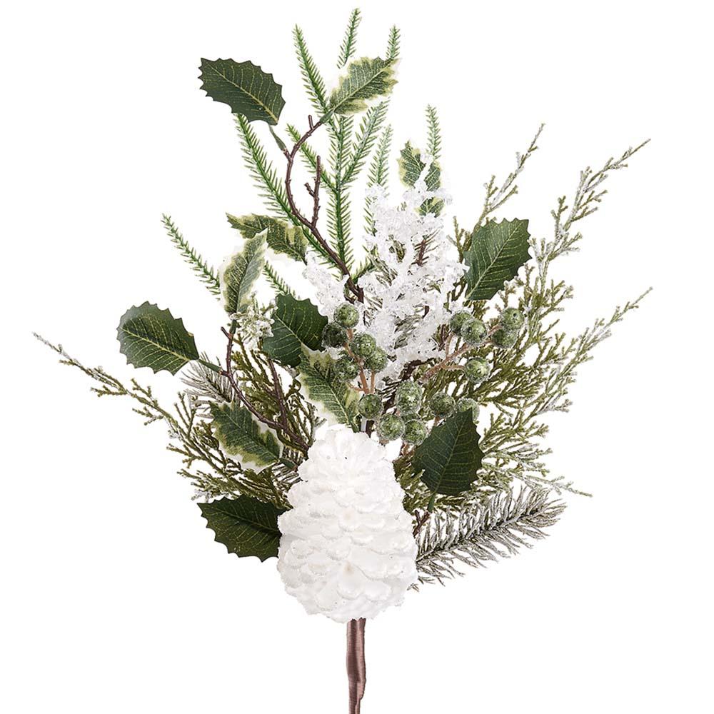 Iced Pine Cone/Holly/Pine Pick White Green