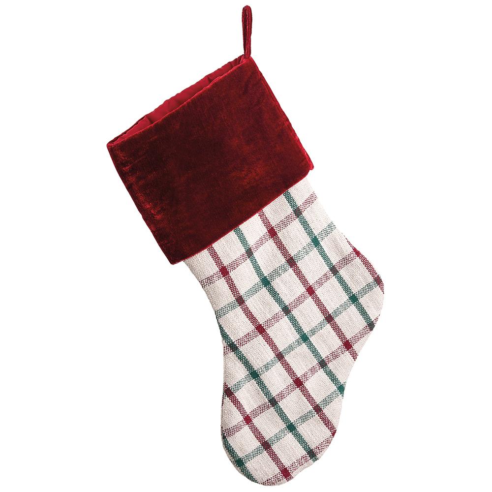 23" Cotton Plaid Stocking With Velvet Cuff Red Mixed