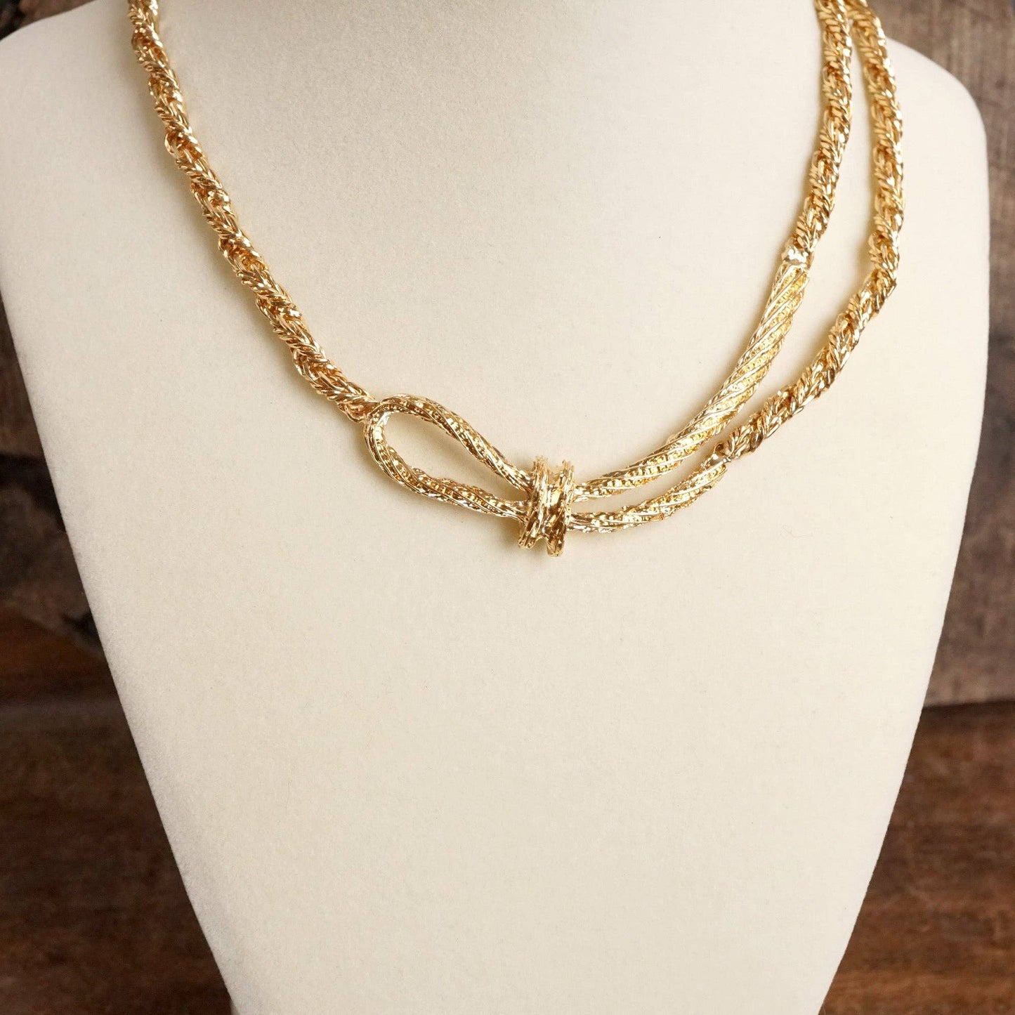Boho Necklace – Knotted Rope and Chain in Gold Tone