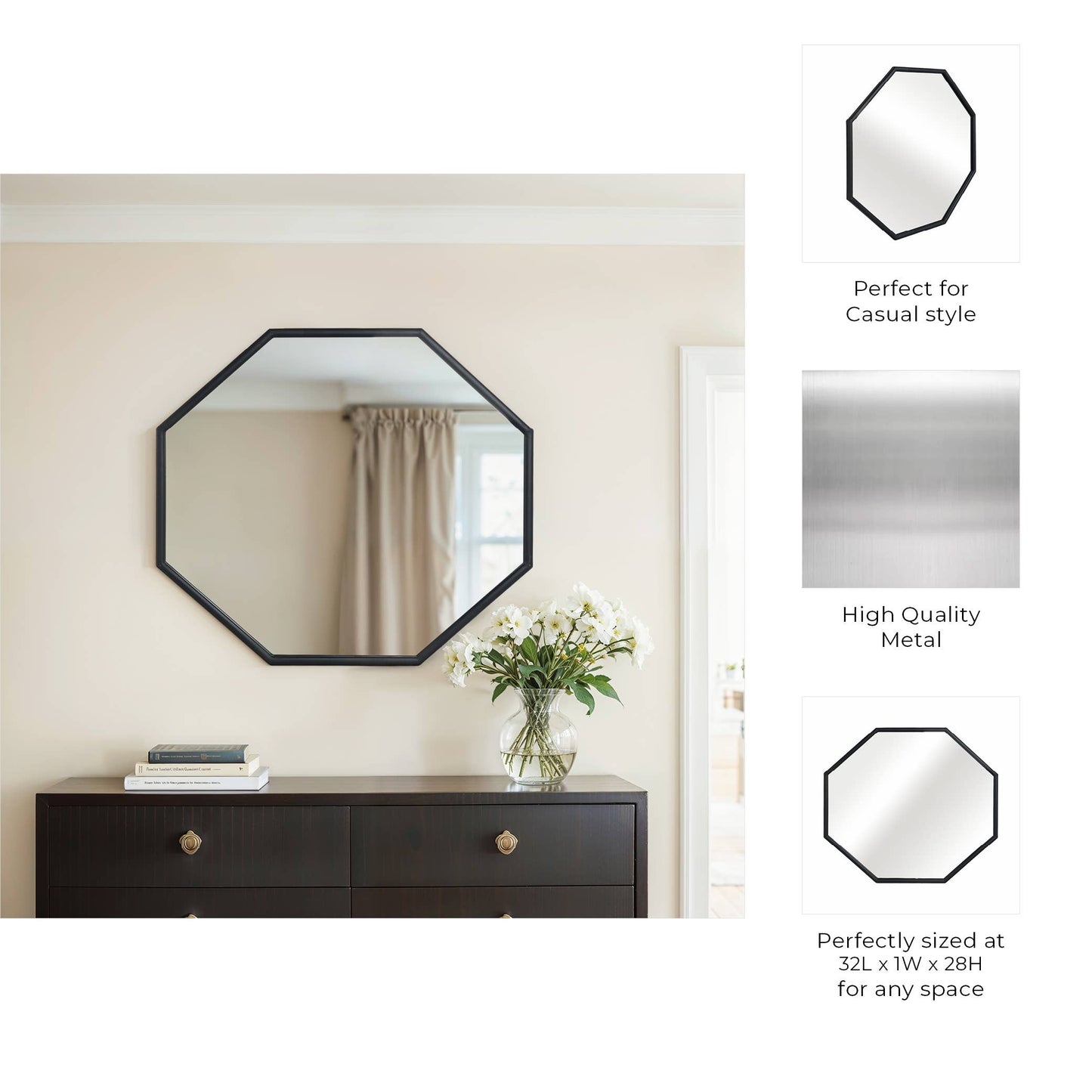 Metal Wood Modern Octagonal Wall Mirror - Black, 28 in.