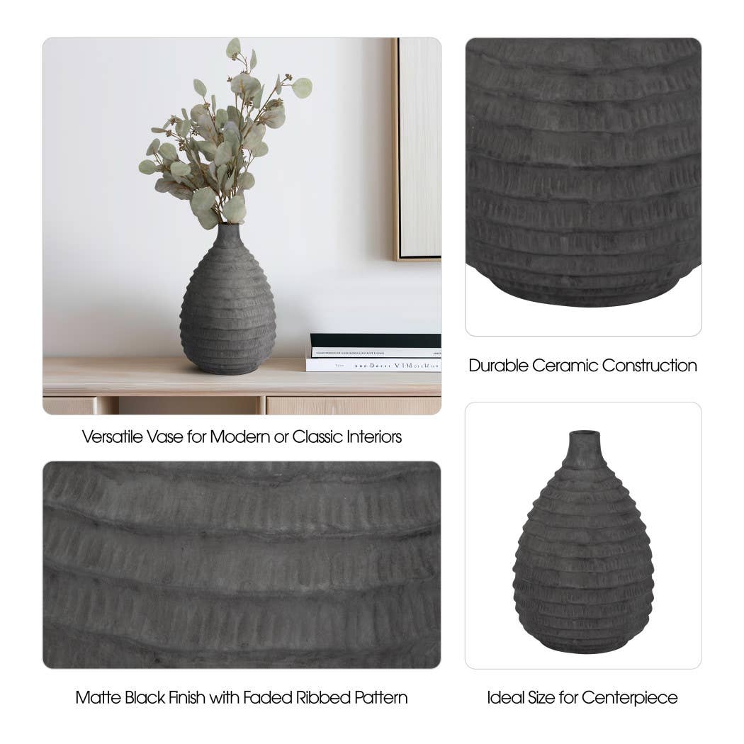 Black 15 in. Ceramic Bud Faded Ribbed Bulbous Vase