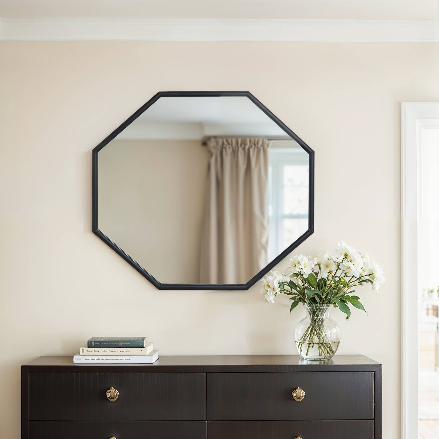 Metal Wood Modern Octagonal Wall Mirror - Black, 28 in.