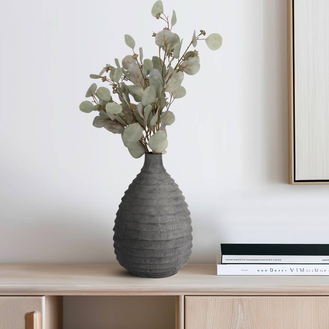 Black 15 in. Ceramic Bud Faded Ribbed Bulbous Vase