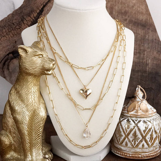 Hearts Entwined – 5-in-1 Layered Necklace with Hammered Heart & Teardrop Crystal